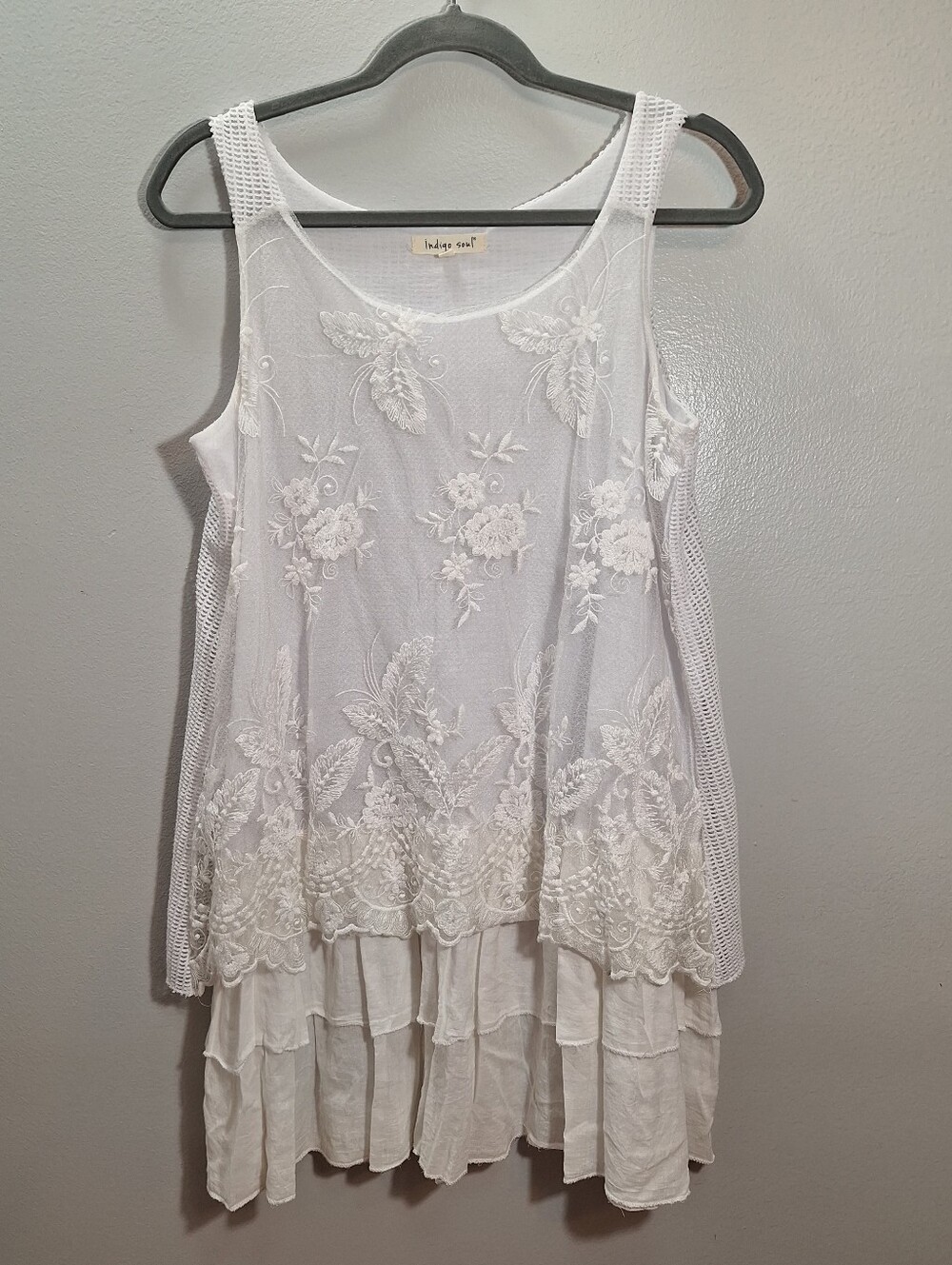 indigo soul White Embroidered Lace Tiered Mini Dress